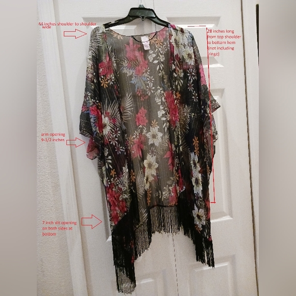 Kimono Black Pink Gold Floral Sheer Fringe Cardigan One Size - Picture 4 of 10